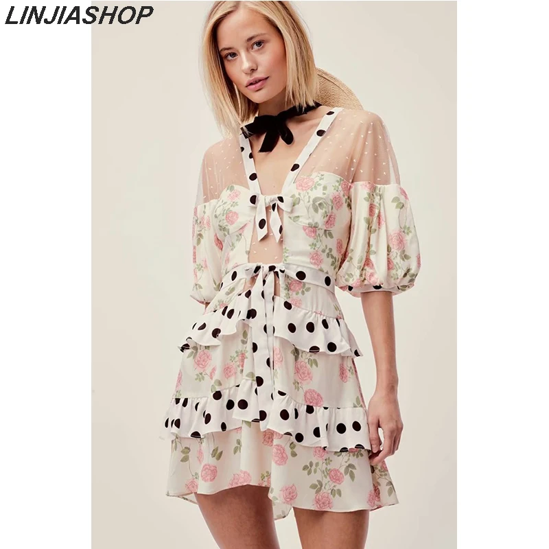 

Forlove Butterscotch Tiered Mini Dress with Ruffles Adjustable Waist Strap Puff Sleeve A Line Transparent Tulle Dot Dress