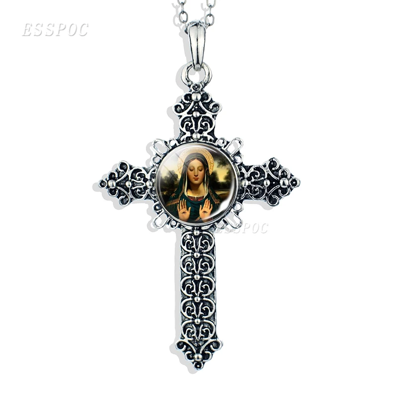 Ожерелье в виде креста Сына Божия Иисуса, бижутерия со стеклянными кабошонами, ангел, христианская Дева Мария, серебряная подвеска в виде лап, подарки для женщин - Окраска металла: as show