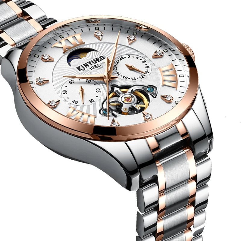 

KINYUED Top Brand Mens Automatic Mechanical Watches Stainless Steel Waterproof Luxury iamond Tourbillon Watch Men orologio uomo