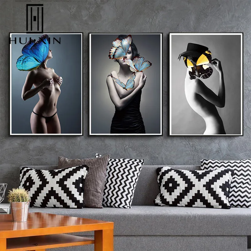 

Modern Wall Art Pictures Beautiful Woman Slim Body Sexy Girl Fashion Butterflies Home Canvas Painting Beauty Posters Room Decor