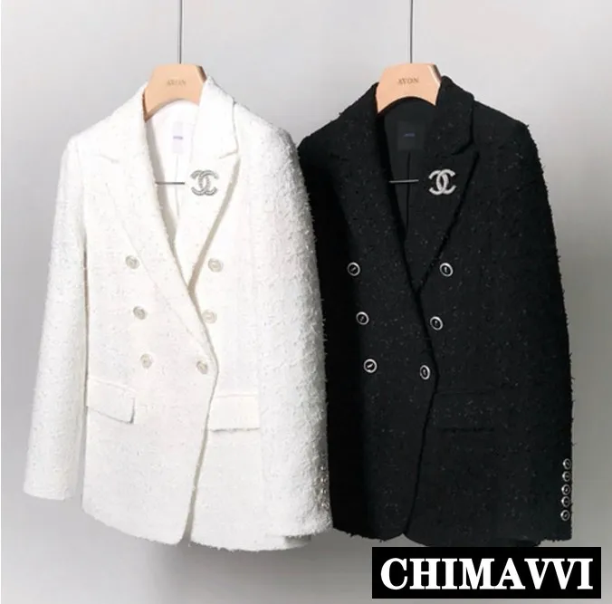 

Small Suit Jacket Female 2019 Spring Korean Fragrant Double Breasted Tweed Blazer Jacket Women White and Black Suit Coat