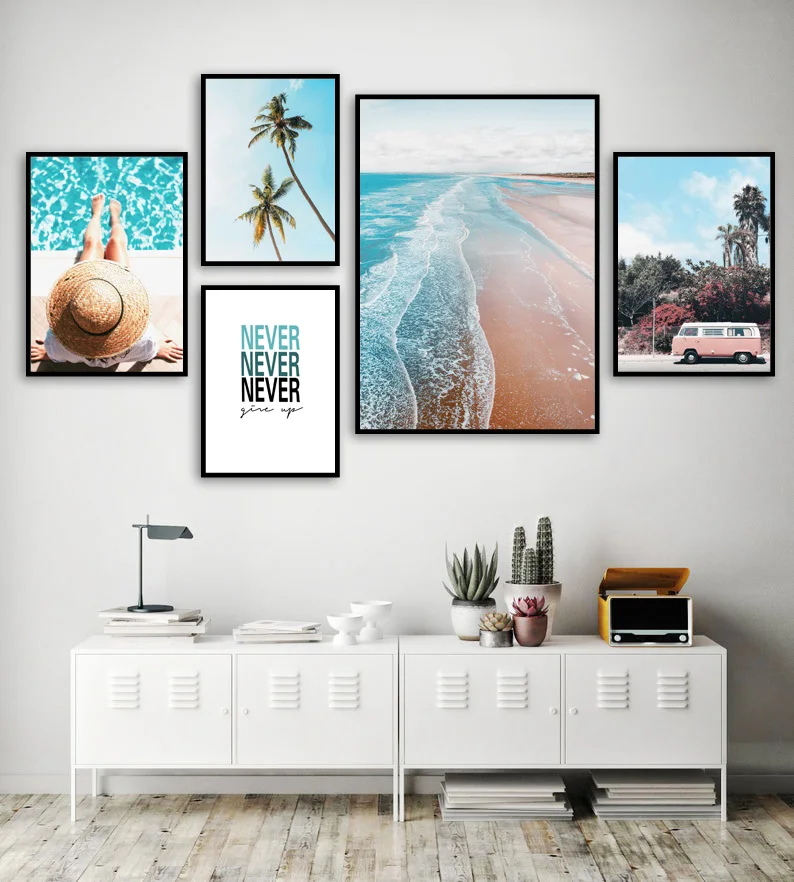 

Sea Beach Girl Bus Sky Coconut Palm Nordic Posters And Prints Wall Art Canvas Painting Wall Pictures For Living Room Home Decor