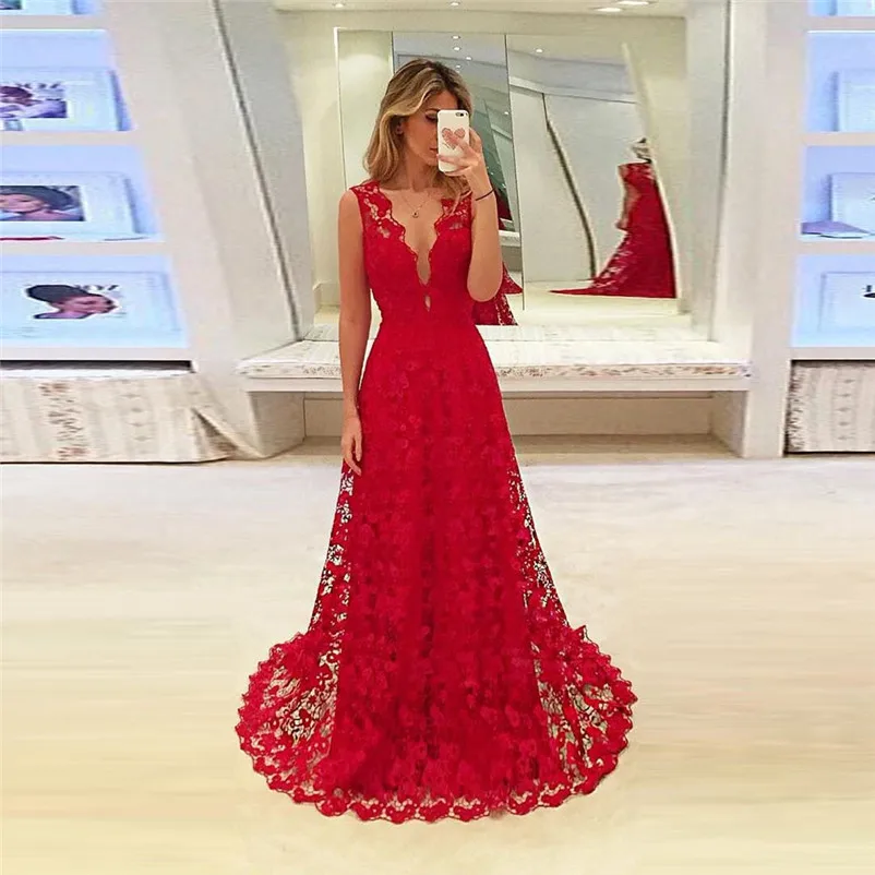 

Sexy Womens Sleeveless V-Neck Lace Hollow Out Cocktail Prom Gown party Dress formal dress women elegant dress female N05