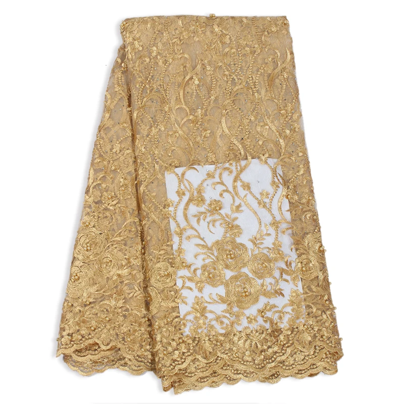 

Gold Flower Net Embroidered Swiss Voile Lace Beads Tulle Trim Wedding Dress Women Fabric African 2019 High Quality French Fabric
