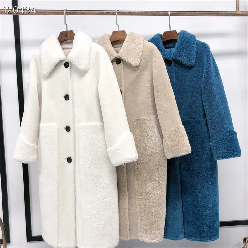 

Wool Blends winter coat jacket turn-down collar Sheep Shearing Fur Wool Middle Long Coat oversized winter fashing clothing fur