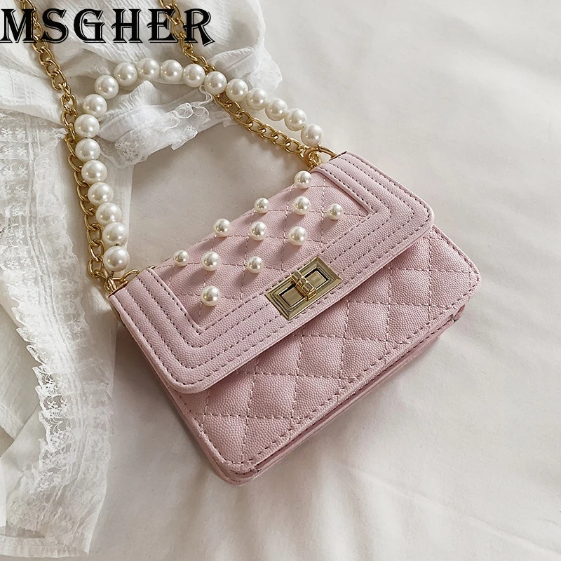 

MSGHER Handbags Women Summer Fashion Pearl Small Chain Bags Female Diamonds Lattice Shoulder Bags High Designer Crossbody Bags