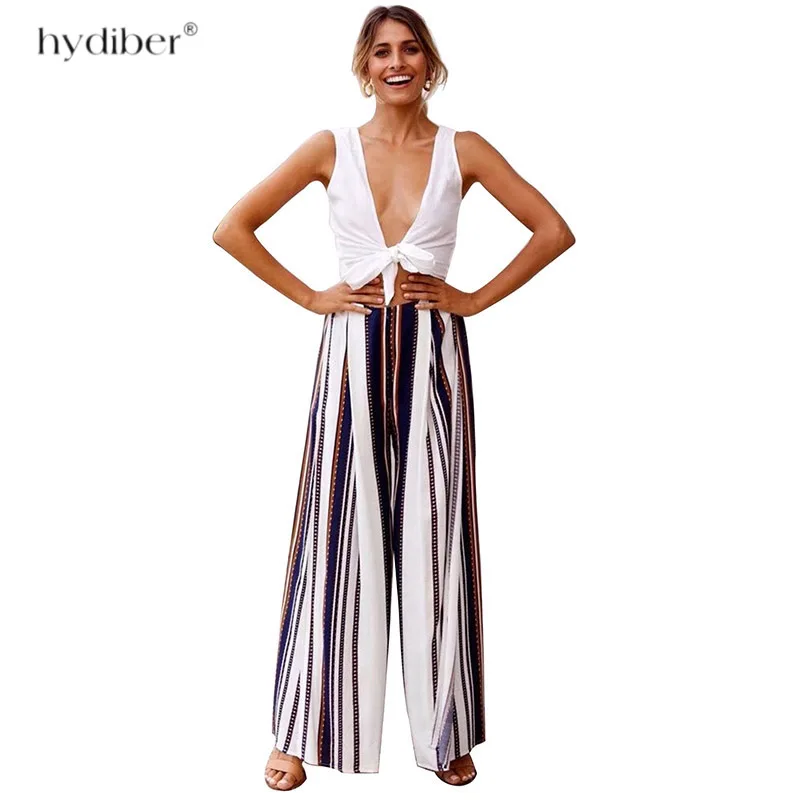 split stripe wide leg pants women Summer beach high waist Chiffon