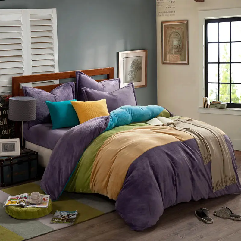 

Double Color Flannel Velvet White Blue Bedding sets Thick Fleece Warm Winter Queen Duvet cover flat sheet PillowCover Colorful