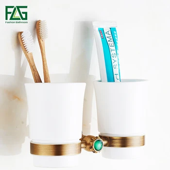 

FLG Cup & Tumbler Holders Brass Antique Tumbler Toothpaste Toothbrush Holder With Double Ceramics Cups Bathroom Accessories G130