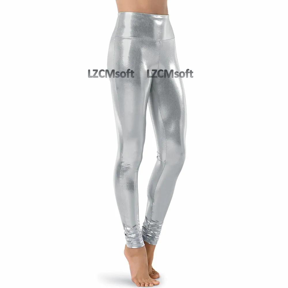 LZCMsoft, женские блестящие Стрейчевые леггинсы с эффектом «Мокрого» металлического цвета, обтягивающие штаны с высокой талией, леггинсы без ног для взрослых, для сценического шоу, танцев - Цвет: Silver