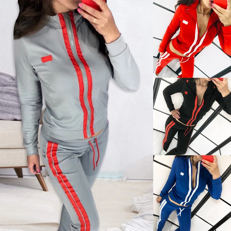 

Drop shipping OEAK Women's Casual 2 Pieces Outfits Striped Bodycon Sweatsuits Tracksuits Set Long Sleeve Tops Pants Set