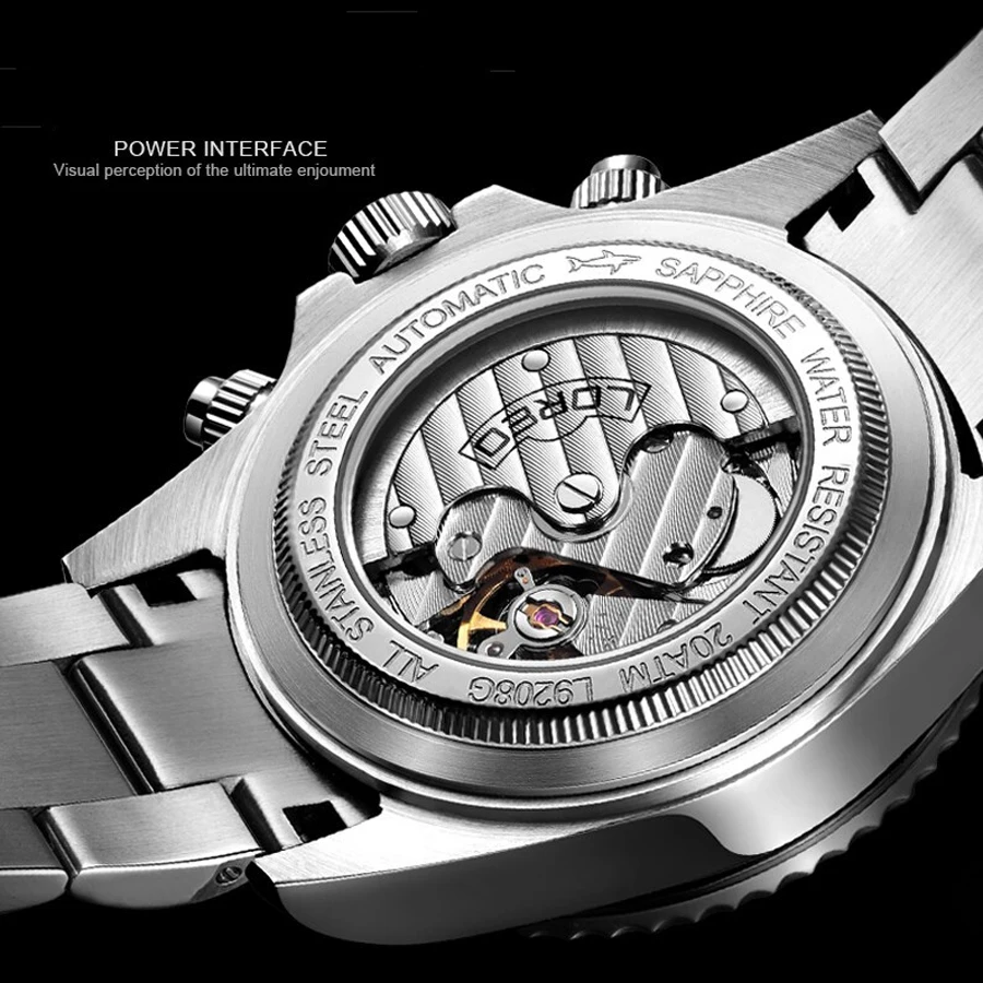 LOREO мужские часы Авто Дата, сапфировое спортивные часы из нержавеющей стали, сильные светящиеся водонепроницаемые 200 м Механические наручные часы для ныряльщика