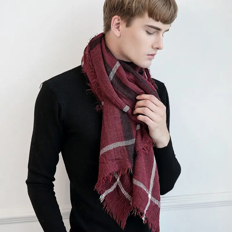 Luxury Brand Winter Scarf Men Warm Soft Tassel Bufandas Cachecol Gray Plaid Woven Wrinkled