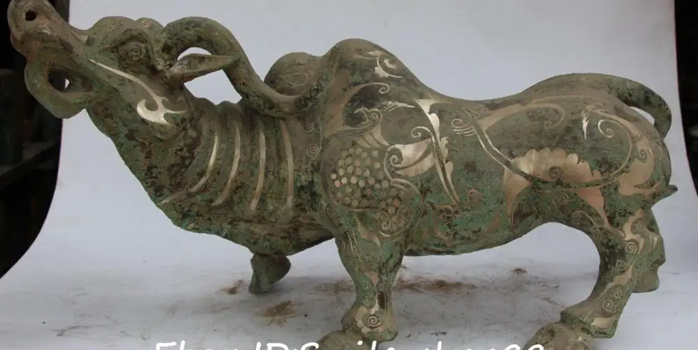

Old Antique Chinese Bronze Silver Dragon Phoenix Beast Cattle Oxen Bull Statue