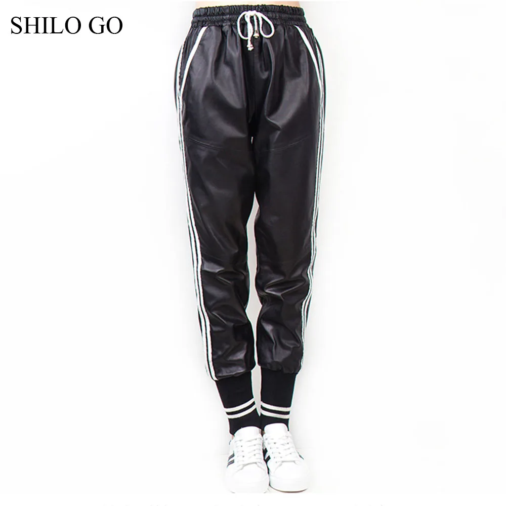 SHILO GAAN Leren Broek Womens Herfst Mode schapenvacht lederen Broek elastische hoge taille side striped pocket harembroek SHILO GAAN Leren Broek Womens Herfst Mode schapenvacht lederen Broek elastische hoge taille side striped pocket harembroek