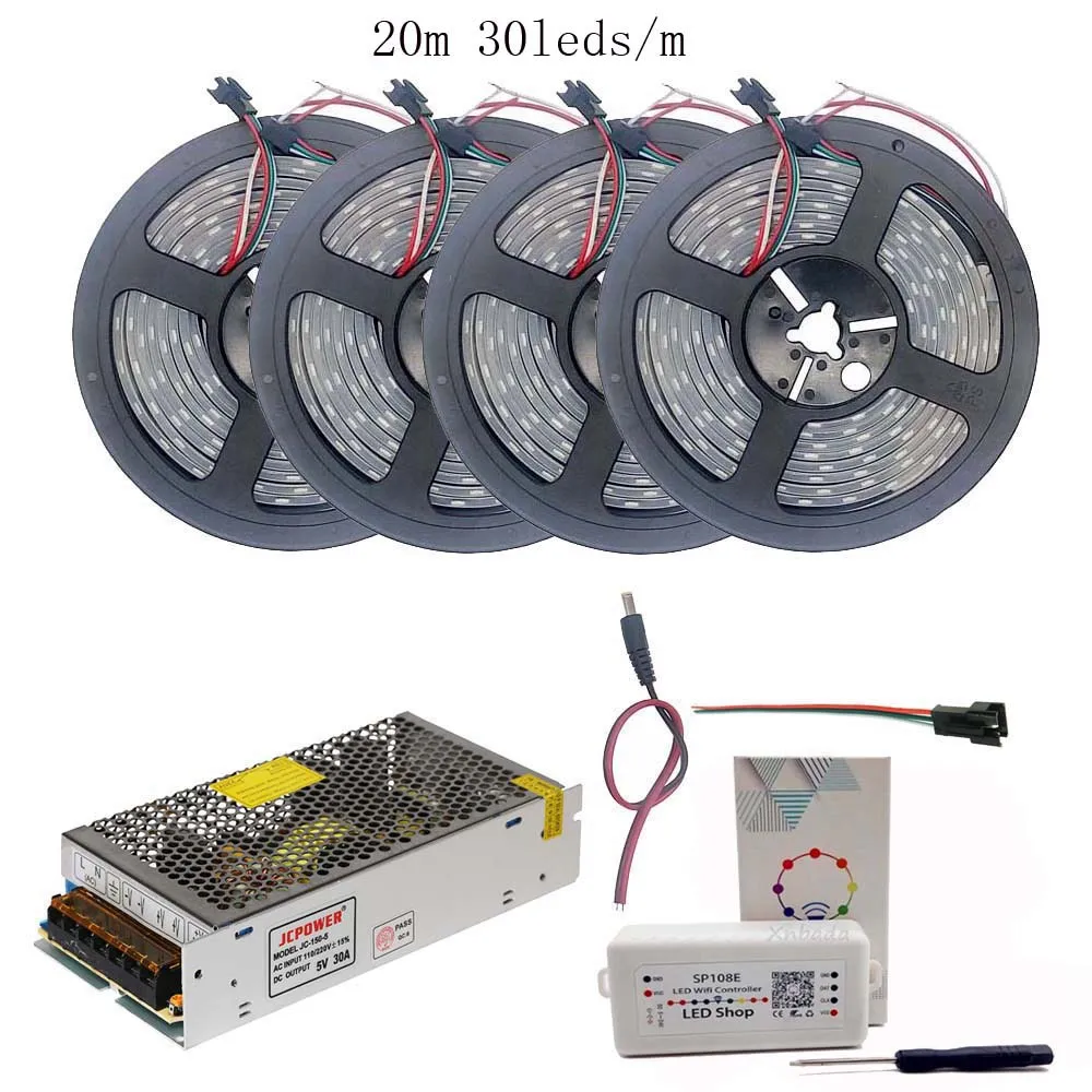 5 м 10 м 15 м 20 м WS2812B WS2812 30 светодиодов/м 60 светодиодов/м RGB Светодиодная лента, SP108E wifi RGB Led контроллер DC5V комплект адаптера питания - Испускаемый цвет: RGB