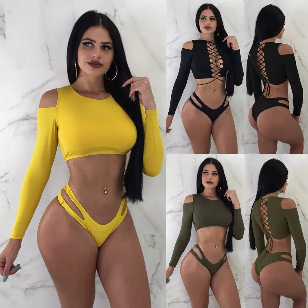

Women Boho Long Sleeve Bikini Push-up Set Bandage Crop Top Two Piece Bathing Suit Swimsuit Beachwear