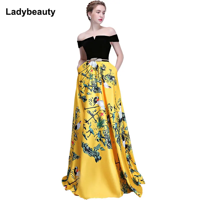 2018 New Flower Pattern Evening Dress Long Vintage Prom Party Dresses Evening Gown Women Formal Occasion Dress
