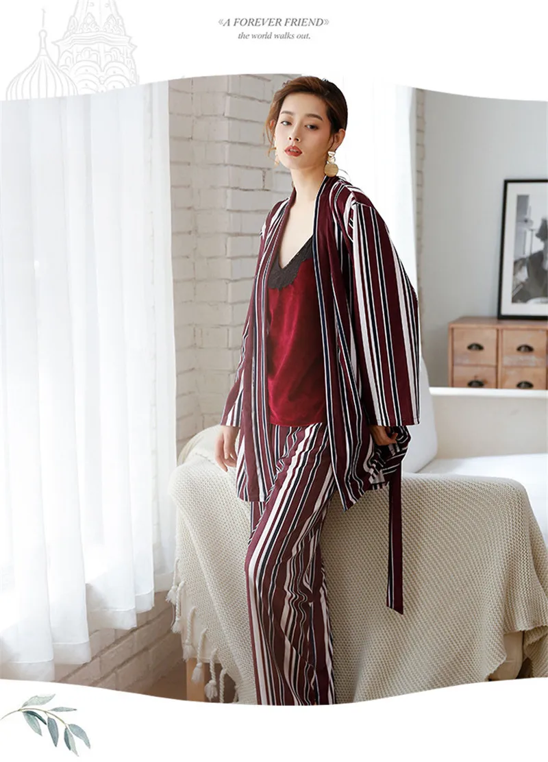 JULY'S SONG женский пижамный комплект из 3 предметов, бархатная теплая Пижама, кружевная Сексуальная полосатая Пижама, зимняя пижама с длинными рукавами, длинные штаны