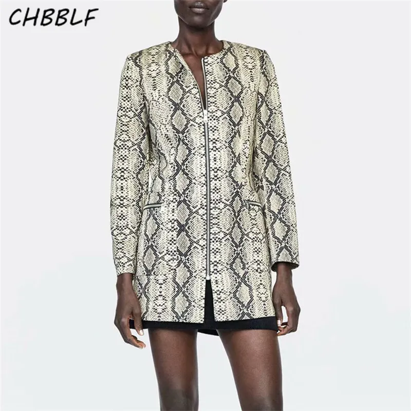 CHBBLF women snake print long zipper jacket animal pattern