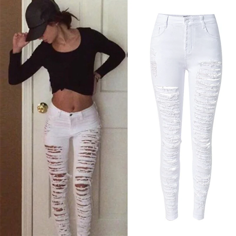 Женские рваные джинсы с высокой талией, обтягивающие джинсы, женские эластичные узкие джинсовые брюки, потертые джинсы, женские белые брюки - Цвет: Белый