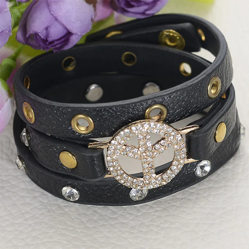 Miasol PU Double Leather Wrap Crystal Charm Bracelet With Micro Pave CZ Disco Peace For Women Gift | Украшения и аксессуары
