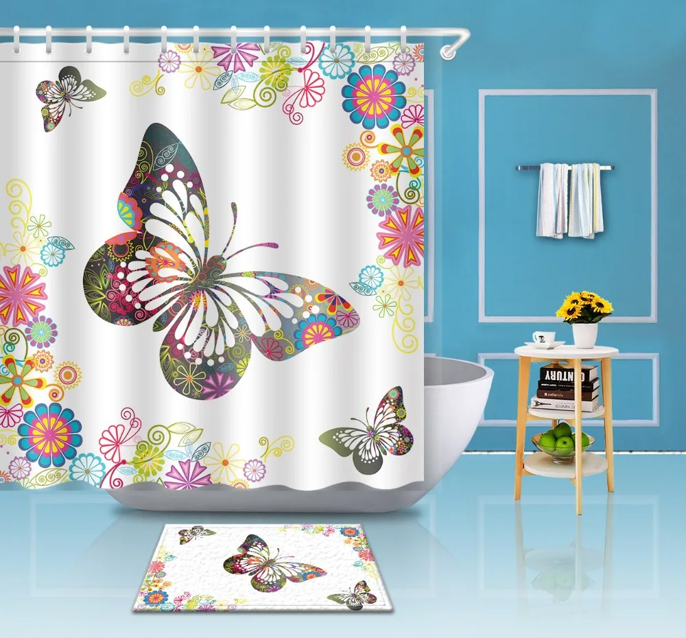 

Butterfly And Flower Shower Curtain with Mat Set Extra Long Waterproof Eco-Friendly Bathroom Polyester Fabric For Bathtub Decor