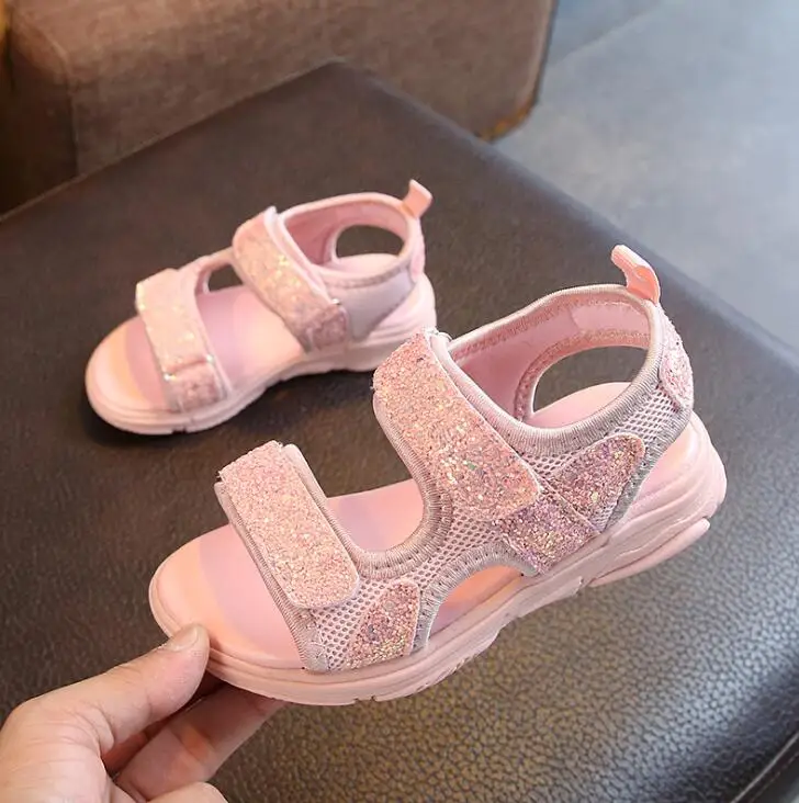 

New Girls Princess Beach Shoes Kids Summer Sandals With Sequins Fashion Boys Mesh Sports Sandal Black Pink EU21-36