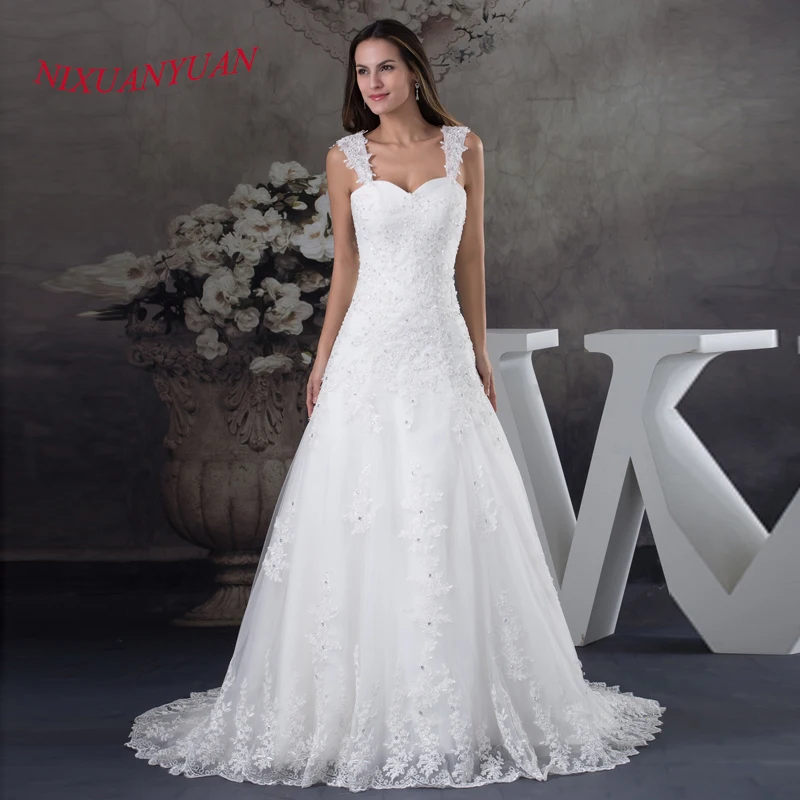 

NIXUANYUAN 2017 New Elegant Appliques Beaded Bride Wedding Gown A Line long Wedding Dress 2017 Tulle vestido de noiva With Strap
