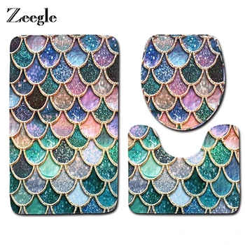 

Zeegle Fish Scales Printed Bathroom Carpet Bath Mats Set Non-slip Bathroom Floor Mats Toilet Rug Lid Cover Absorbent Rug