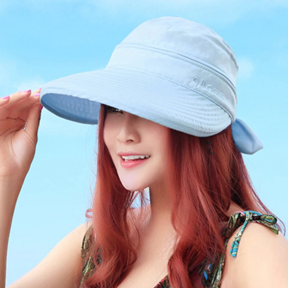 Шляпа от солнца, женская, для путешествий, козырьки, одноцветная, Пляжная, модная, корейский стиль, практичная, бант, складная Кепка, для пеших прогулок, летняя, для улицы - Цвет: Синий