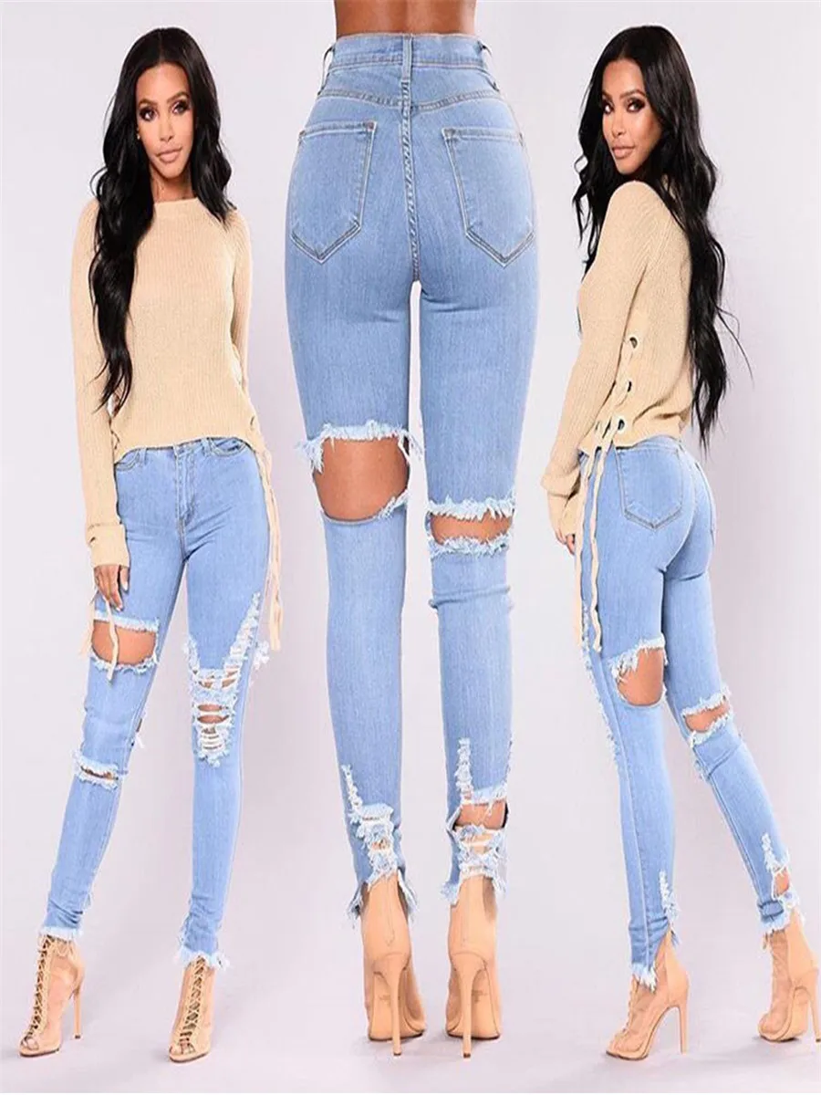 Лидер продаж светло-голубой пикантные узкие отверстия уничтожено лифт Хип Рваные джинсы 2018 модные джинсовые Высокая талия карандаш брюки