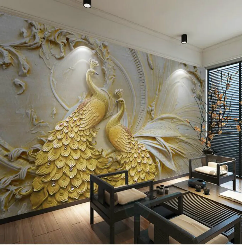 3D тиснением Золотой Павлин фотообои Фреска для гостиной стены 3D обои домашний декор абстрактный Papel де Parede 3D