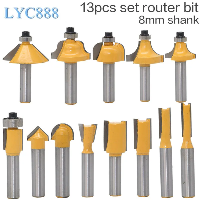 

13pcs/set 8mm Shank Corner Round Wood Router Bit Straight End Mill Trimmer Cleaning Flush Trim Cove Box Bits Tool Milling Cutter