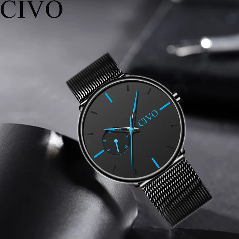 CIVO Fashion Mens Watches Top Brand Luxury Waterproof Ultra Thin Dial Sport Quartz Watches Men Mesh Band Clock Relogio Masculino
