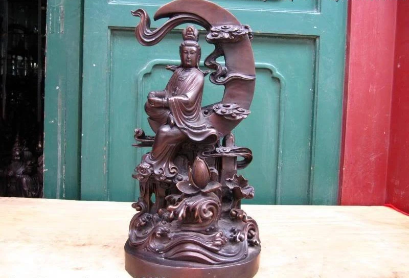 

16"China 100% Pure Bronze lotus flower freedom Kwan-Yin Guan Yin Buddha on Moon
