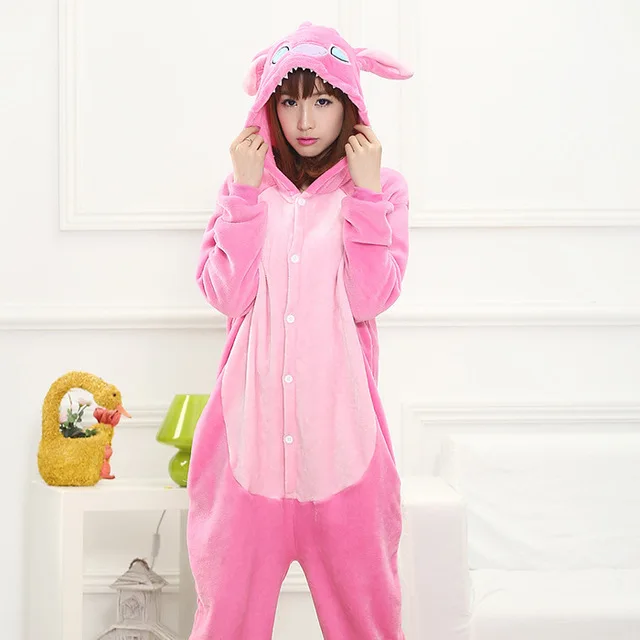 

2018 Women Onesies Cartoon Stitch kigurumi Blue & Pink Stitch Cosplay Hooded Sleepwear Winter Unisex Pajamas Halloween Costumes