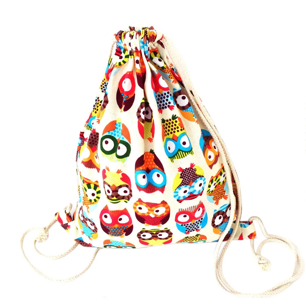 

Drawstring Bag Canvas Owl Printing Backpack For Teenagers Colorful Animal Pattern Travel Package Fashion Shopping Bags Xiniu