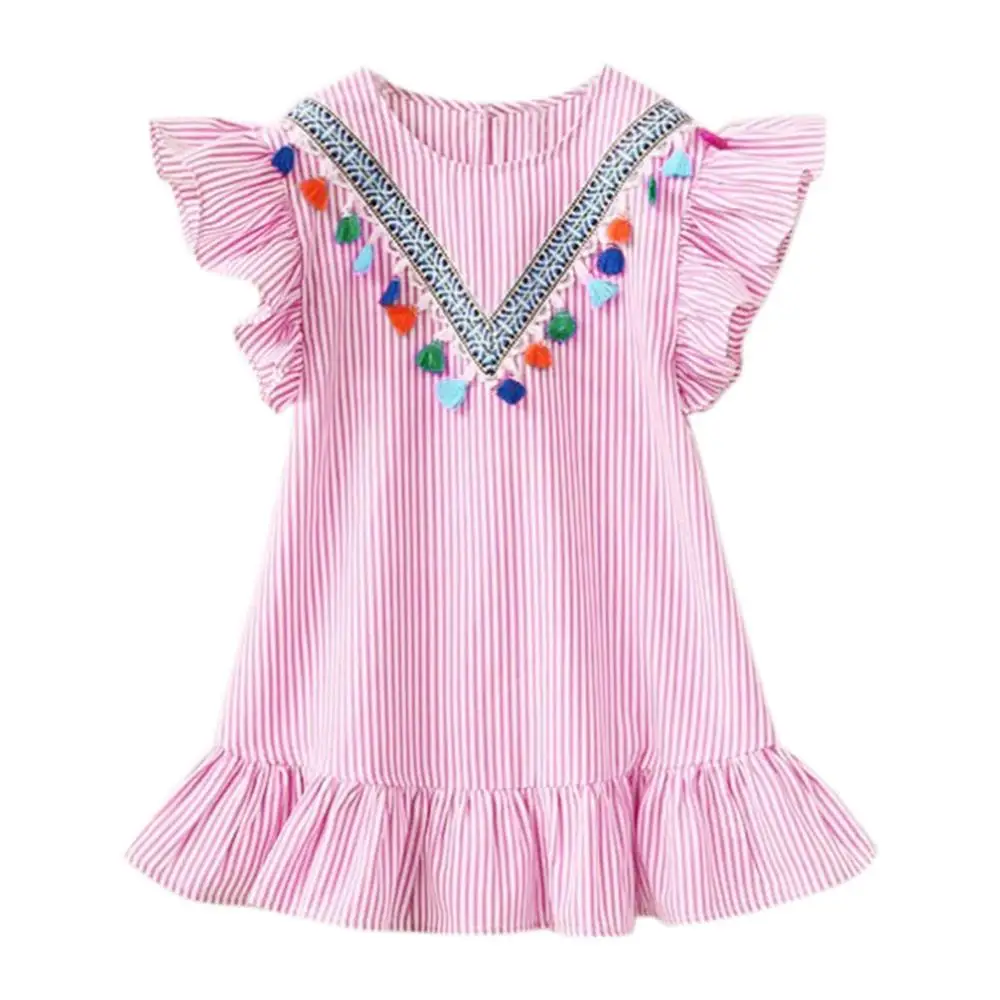 Летние платья с кисточками и рукавами-крылышками для девочек, милое детское праздничное платье принцессы в полоску для девочек, топы, одежда - Цвет: Pink