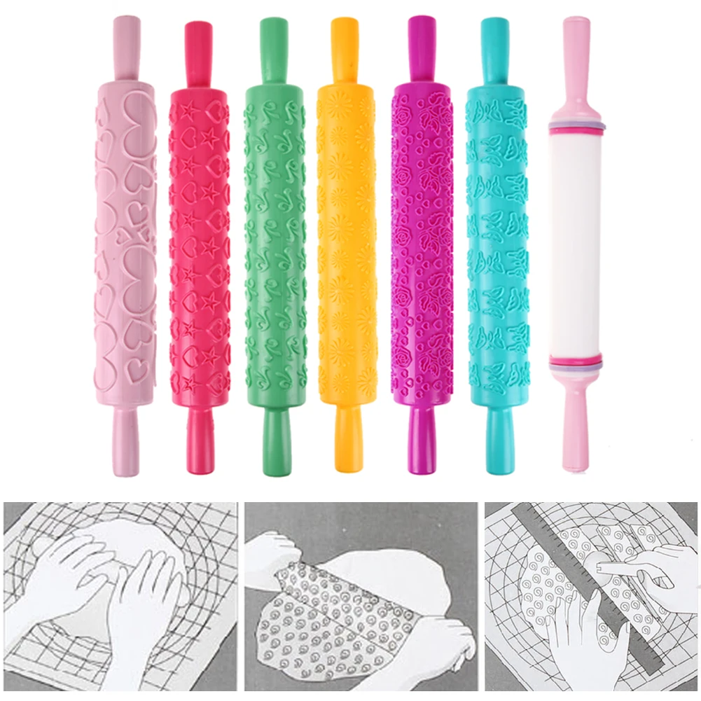 

Pastic Non-Stick Fondant Rolling Pin Embossing Cake Dough Roller Multi Patterns Kitchen Baking Tools Embossed Mold Cake Decal