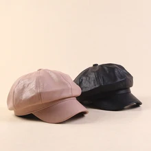 НОВАЯ шапка, осенняя и зимняя Корейская женская модная шапка из искусственной кожи, для улицы, темпераментная, удобная, милая, одноцветная, козырьки