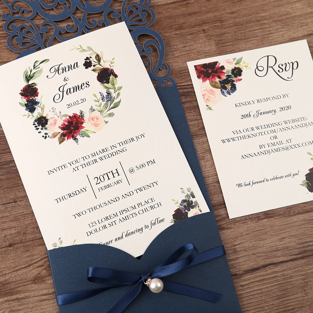 Invitaciones de boda de corte Horizontal, color azul marino, con tarjeta RSVP, cinta de perlas, CW25001B, personalizable, Uds. _ AliExpress Mobile