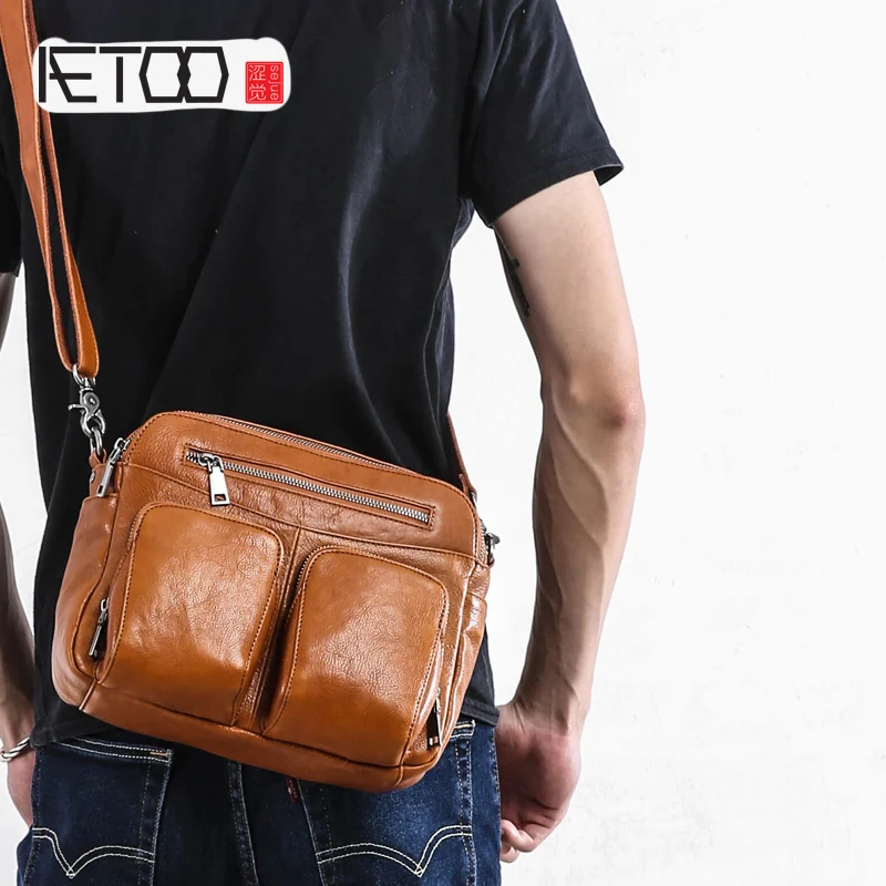 

AETOO Retro shoulder bag male leather horizontal bag business casual oblique cross Baotou layer cowhide handmade men's Bag