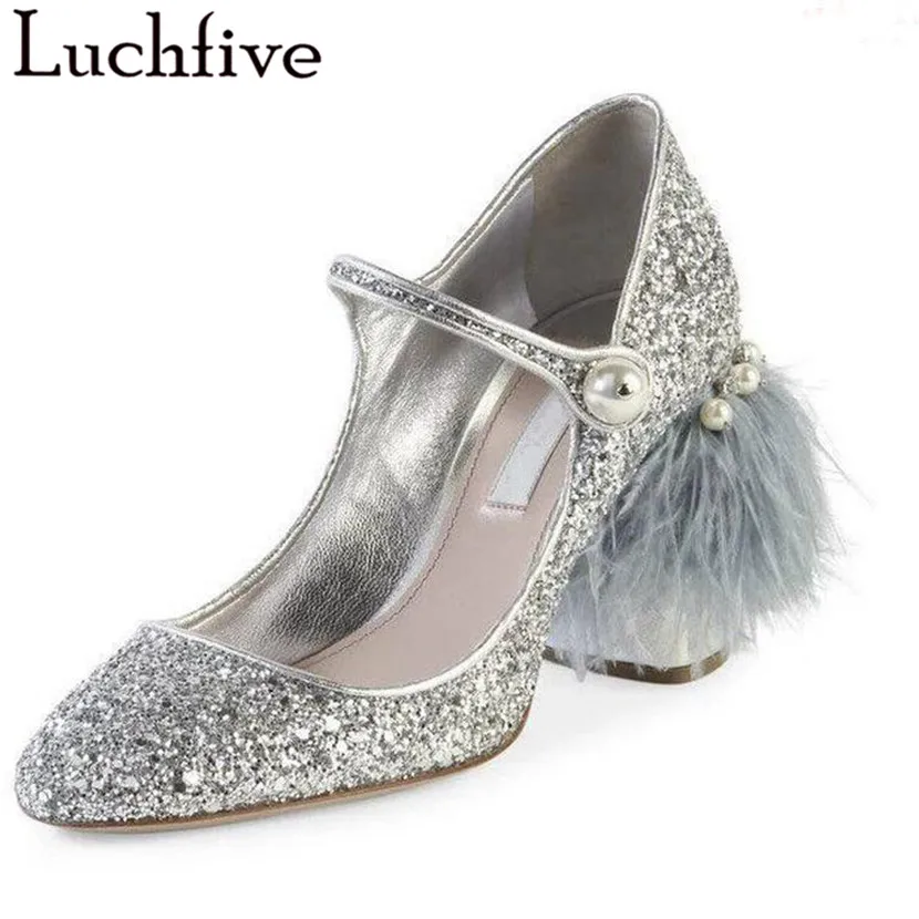 Luchfive spring silver feather fringe High Heels dance Shoes Woman Pearl crystal sequin