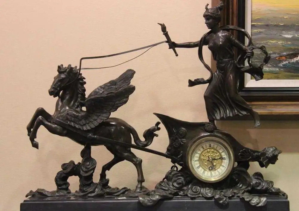 

20" Western Art Pure Bronze Copper & Marble Pegasus Horse Mechanical Clock Watch