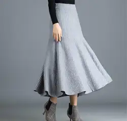 Новые шерстяные юбка 2018 женщин Новинка осени вязаный Однотонная юбка мягкая удобная широкая юбка