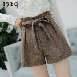 17zq 2018 новые шерстяные шорты женские Парадное, тонкое галстук Повседневное широкая нога среднего и Высокая талия Элегантный и