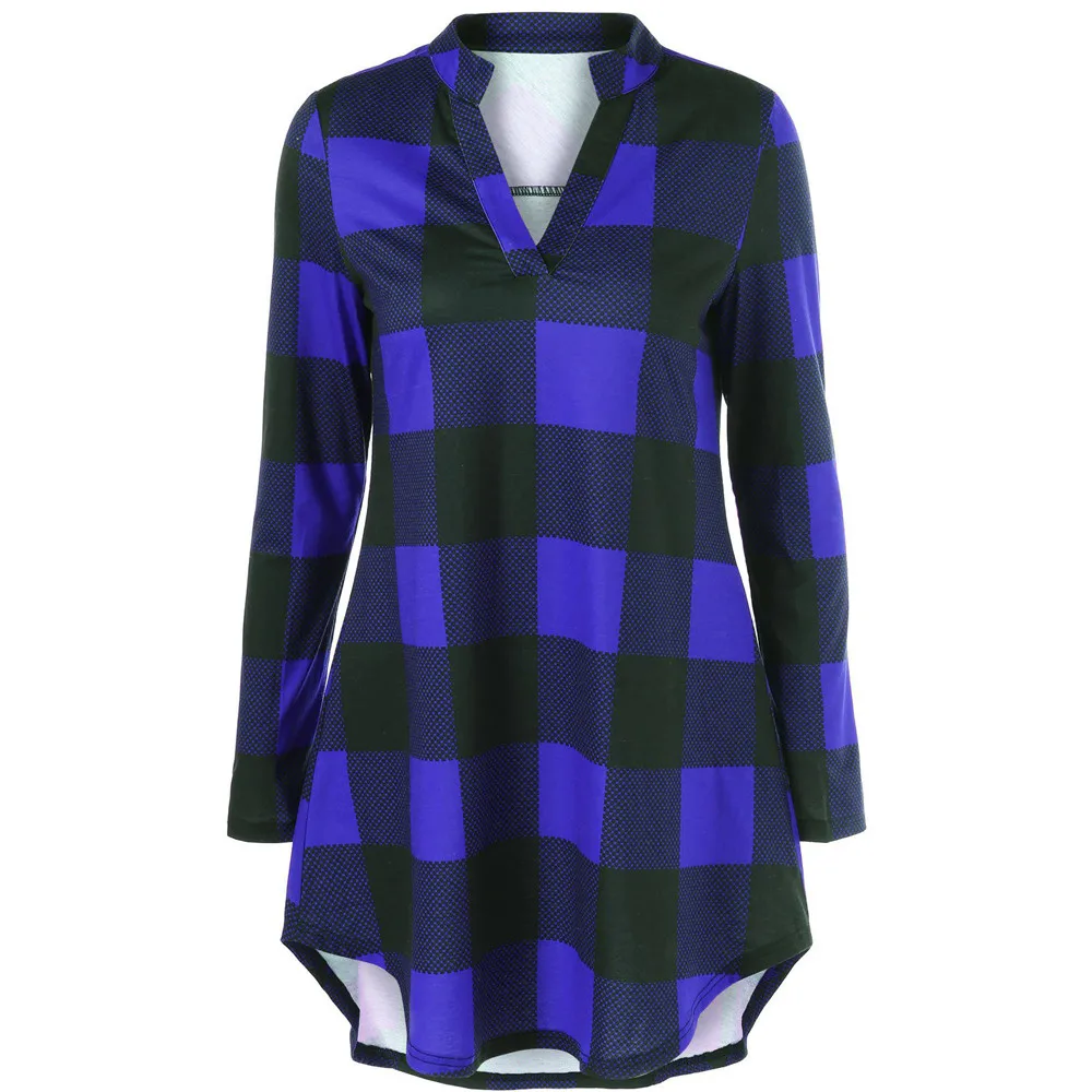 Модная женская Повседневная блуза размера плюс с v-образным вырезом и длинным рукавом в клетку, женская блуза - Цвет: Blue