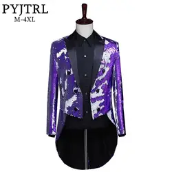 PYJTRL Мужская мода плюс размер фиолетовый королевский синий черный двойной цвет блестки фрак сценические певцы DJ клубный костюм мужской