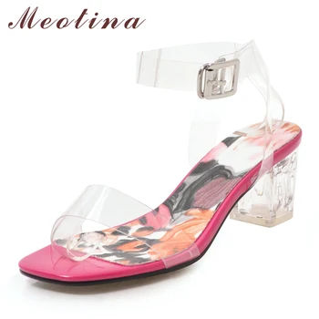 

Meotina High Heels Women Shoes Transparent Thick Heels Ankle Strap Shoes Buckle Open Toe Sandals Female Summer 2019 Big Size 46